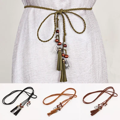 Ladies Women Skinny Braided Belt Faux Leather Tassels Dress Waistband - Image 1 of 4