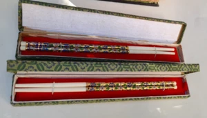 Vintage Chinese Cloisonné Enamel & Bone Chopsticks Batik Cloth Case, 2 PAIR SET - Picture 1 of 6