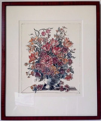 Blumenbild Original Lithografie 7/50 Monogramm AK Holzrahmen/ Passepartout/Glas - Bild 1 von 4