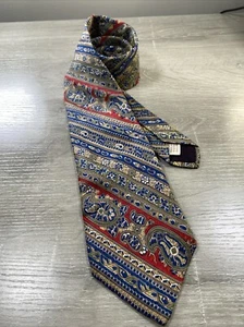 Vtg BERT PULITZER Men’s Paisley 100% Silk Foulard Tie England Red Khaki Blue - Picture 1 of 7