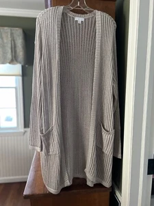 Charter Club Open Weave Long Cardigan Sweater Sugar Sand Silver Size Large EUC - Picture 1 of 7