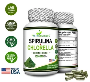 Spirulina powder + Chlorella powder 90 Vegan Capsules - Energy & Immune Booster  - Picture 1 of 3