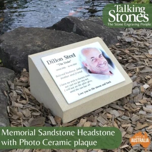Headstone with Photo Ceramic Plaque - Personalised Australian Sandstone - Picture 1 of 12