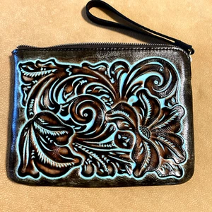 PATRICIA NASH CASSINI WRISTLET/CLUTCH BAG LEATHER HAND TOOLED Turquoise Brown - Picture 1 of 10