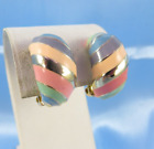 Signed ELLEN DESIGNS Multi-Color Enamel Hoop Clip Earrings Chunky Gold-Tones
