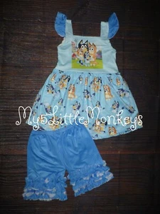 NEW Boutique Bluey Girls Tunic Dress & Ruffle Shorts Girls Outfit Set