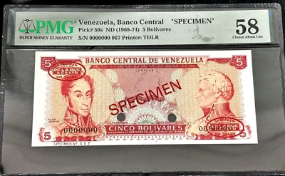 Venezuela Specimen Banknote Bs.5 (1968-1974) TDLR  S/N:067 Pick 50s PMG 58 AU - Image 1 of 4