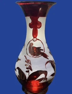 Vintage Victorian Hand Blown Ruby Red Vase 9” Tall With Hand Painted bird - Picture 1 of 10