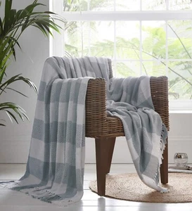 Large Window Pane Check Cotton Throw Fringed Grey & White 130cm x 170cm - Picture 1 of 1