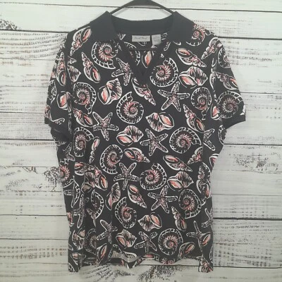 Coral Bay Shirt Womens XL Black Polo Golf Casual Sea Shell All Over Print  - Image 1 of 4