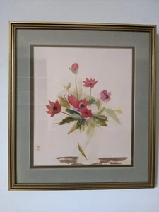 Schöne gerahmte japanische Papierkunst aus roten Mohnblumen - Bild 1 von 5