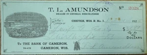 Chetek, WI 1925 Bank Check, Grocery Store Vignette Bank of Cameron Wisconsin Wis - Picture 1 of 1