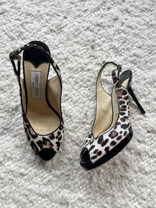 Jimmy Choo capelli di vitello punta aperta tacco leopardato plateau nero marrone taglia 37 - Foto 1 di 4