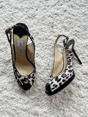 Jimmy Choo pelo de pantorrilla punta abierta tacones de leopardo plataforma negro marrón talla 37 Foto 1 de 4