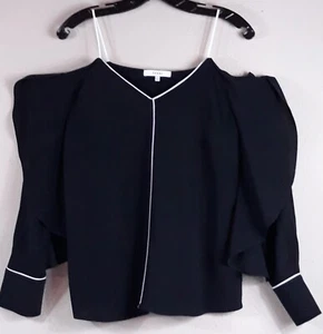 ANTHROPOLOGIE RO+DE S Black w/White Trim Cold Shoulder Ruffled Sleeve Flowy Top - Picture 1 of 12