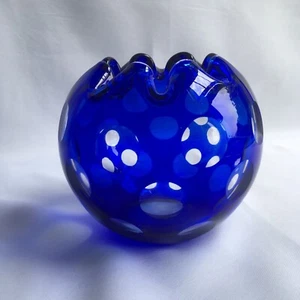 Vase à volants bol bleu cobalt rose points en verre transparent - Photo 1/12