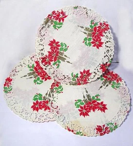 10 VTG 1950 DIE CUT SML ROUND 6" POINSETTIA PAPER LACE CHRISTMAS DOILIES, CRAFTS - Picture 1 of 2