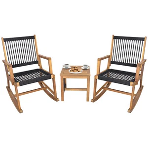 3PCS Acacia Wood Rocking Chair Set w/Coffee Table, All-Weather Rope - Picture 1 of 10
