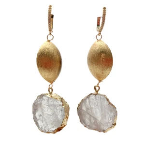Clear Quartz Rough Raw Coin Shape Gold Plated Brushed Bead Dangle Stud Earrings - Picture 1 of 6