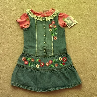 NWT FLAPDOODLES DENIM DECORATED DRESS, FLORAL ONE PIECE BENEATH, 5 - Image 1 of 4