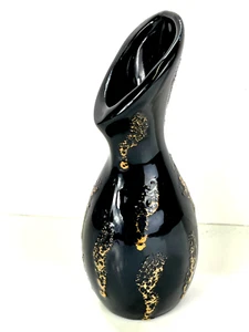 Vaso MCM Bud nero con smalto a goccia oro goffrato asimmetrico stile art deco 7"T - Foto 1 di 10