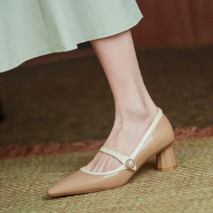 French Damen Spitz Knöchelriemen Retro Mary Jane Pumps Blockabsatz Riemen Party - Bild 1 von 10