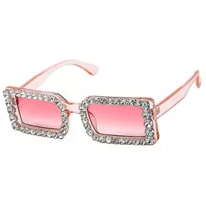 Look at Me Now Slim Rectangular Sunglasses w/ Rhinestones on Pink Frames & Lens - Picture 1 of 1