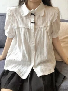 White lace top, women's retro lapel, short sleeved, summer cute shirt - Picture 1 of 5
