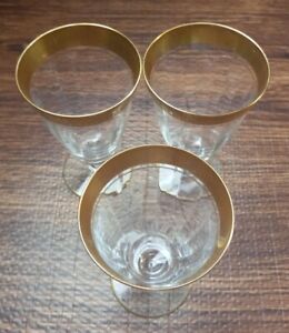 Vintage Etched Ice tea Glasses, Gold Decorated Rim4 3/4" tall Set of 3