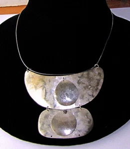 Artisan Sterling Silver Necklace Double Hammered Drop Bib Pendants Cable Chain - Picture 1 of 4