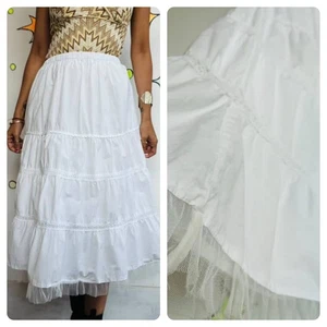 Y2K White Boho Tiered Cotton Maxi Skirt – Coquette Fairy Grunge Crinoline – M - Picture 1 of 8