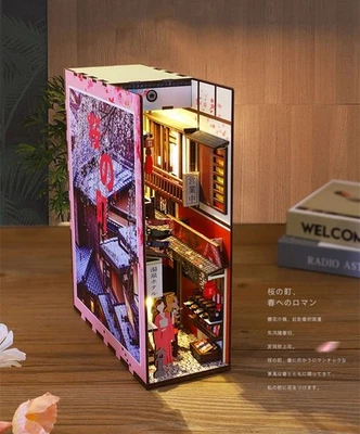 DIY Wooden Book Nook Shelf Insert Kits Miniature Japanese Cherry Blossom Gifts - Image 1 of 4