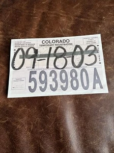 Etiqueta de papel de matrícula temporal Colorado 1993 vintage # 593980 A - Imagen 1 de 3