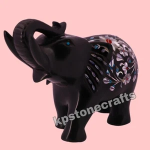 Black Marble Elephant Figurine – Inlaid with Turquoise, Lapis Lazuli & Carnelian - Picture 1 of 8