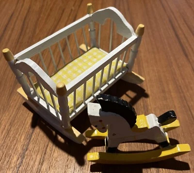 Lot Of 2 VTG DOLLHOUSE Crib Rocking Cradle & Horse Baby FURNITURE WOODEN - Image 1 of 4