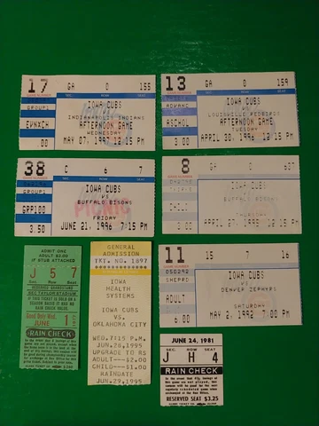 Iowa Cubs Baseball ticket stub LOT 1977 1981 1992 1995 1996 1997 Indians Zephyrs Cover