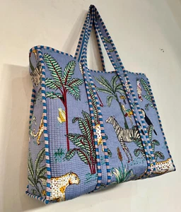 Grey Jungle Tote Bag / Indian Quilted Tote Bags / Grocery Shopping Bag/Velvet - Picture 1 of 5