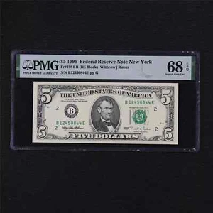 1995 Federal Reserve Note New York 5 Dollars Fr#1984-B PMG 68 EPQ Superb Gem UNC - Picture 1 of 4