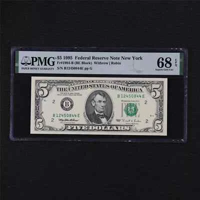 1995 Federal Reserve Note New York 5 Dollars Fr#1984-B PMG 68 EPQ Superb Gem UNC - Image 1 of 4