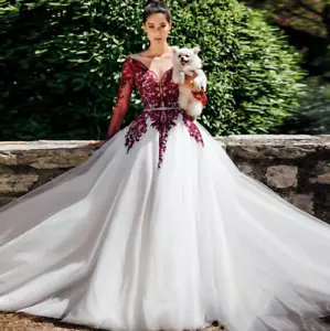 Gothic Ivory And Burgundy Wedding Dresses Long Sleeves Country Bridal Gowns - Picture 1 of 8