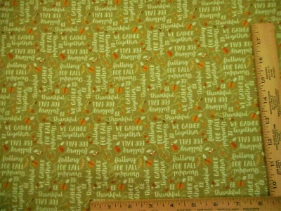 Autumn Fabric By Yard Orange Pumpkins Fall Words on Dusty Green Premium Cotton C - Image 1 of 2