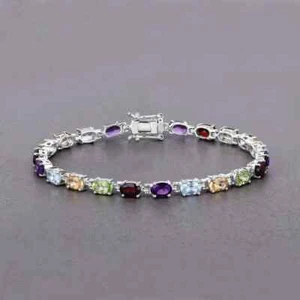 10 Ct Oval Multi Color Amethyst Lab-Created Tennis Bracelet 14K White Gold Over - Picture 1 of 8