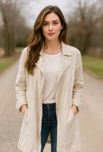 Tahari Leinen Strickjacke Gr. M hellbraun natur lang 100% Leinen Coastal Lagonlook - Bild 1 von 6