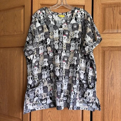 WonderWink V Neck 2 Pocket Dog Print Gray Scrub Women's Size Xl - Image 1 of 4