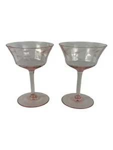 Vintage 1930’s Pink Depression Champagne Stemware with Etched Flowers Set of 2 - Picture 1 of 8