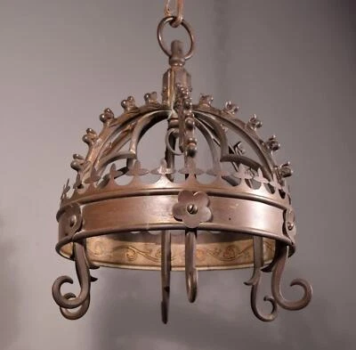 Antique Gothic French Bronze Crown Chandelier Pendent Hanging Lamp - Image 1 of 4