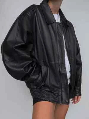 Chaqueta de cuero de piel de cordero real suave bombardero de gran tamaño vintage de los 90 para mujer Foto 1 de 4