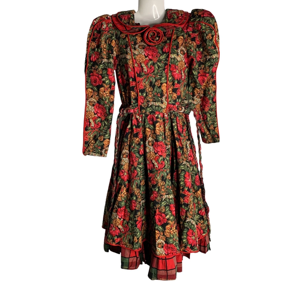 Vestido de vacaciones vintage años 90 Daisy Kingdom niñas 8 negro rojo floral a cuadros  Foto 1 de 4