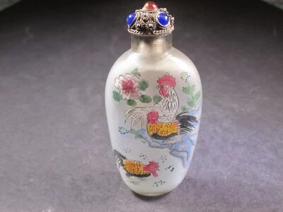 Botella de tabaco de colección china de vidrio pintado al revés gallo pollos decorada Foto 1 de 4