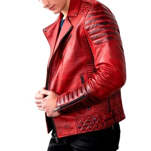 Chaqueta de cuero genuino de motociclista para hombre envejecida vintage motocicleta café corredor abrigo - Imagen 1 de 6